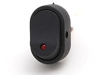 Oval LED rocker switch. On/off. 16A at 12v DC. Red.